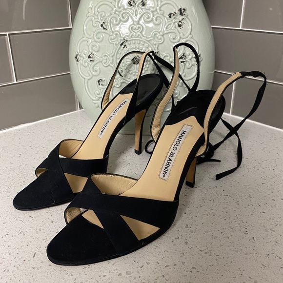 Manolo Blahnik Shoes - Authentic Manolo Blahnik Black Ankle Tie Sandals